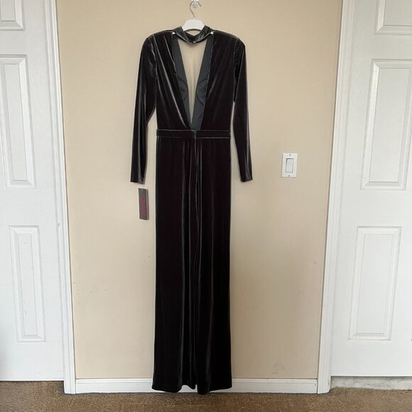 Jovani Women's Charcoal Velvet Jumpsuit Mesh Plunging V-Neckline Long Sleeve 8 - Picture 2 of 11